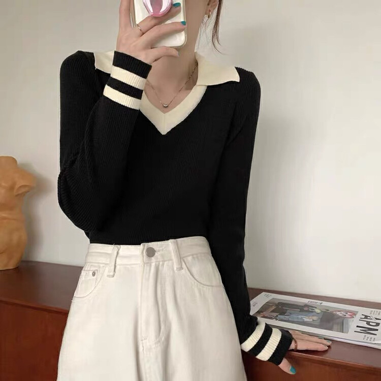 New in winter! [F·P] V-neck slimming contrast knitted sweater 27CX08# HBX