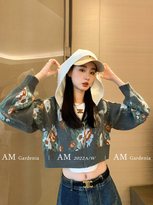 New in autumn!【AM GARDENIA】Korean style slimming contrast color hooded zipper flower knitted cardigan 6378# ZXX