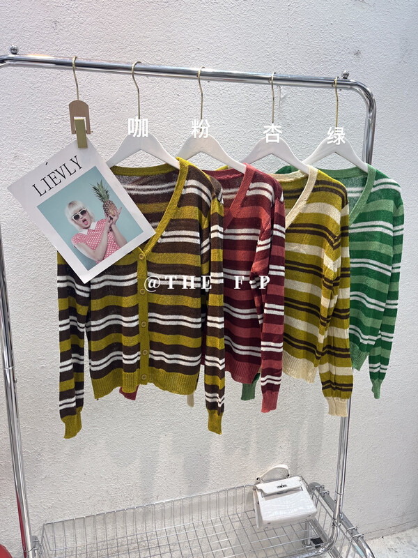 New in autumn! [F·P] Korean V-neck striped loose knitted cardigan 49109# HBX