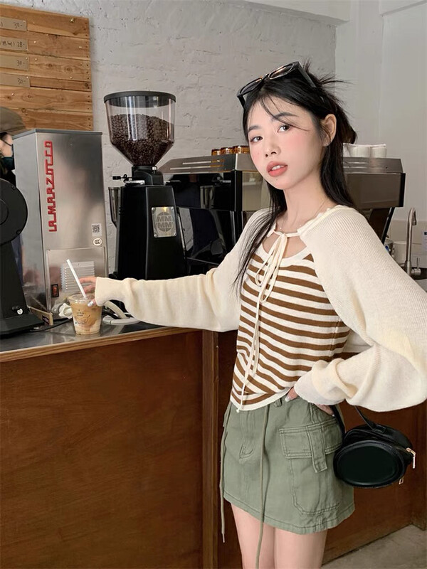 Autumn is new!【F·P】Fashion striped camisole + lace-up long-sleeved sweater suit M1605# HBX