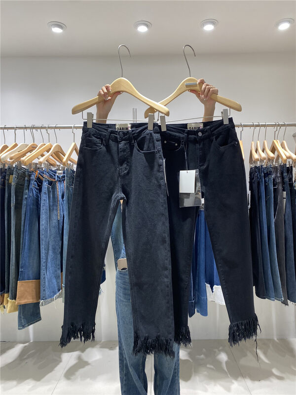 New in Autumn!【JEANS】High waist and thin all-match frayed small pipe jeans R086# LSW