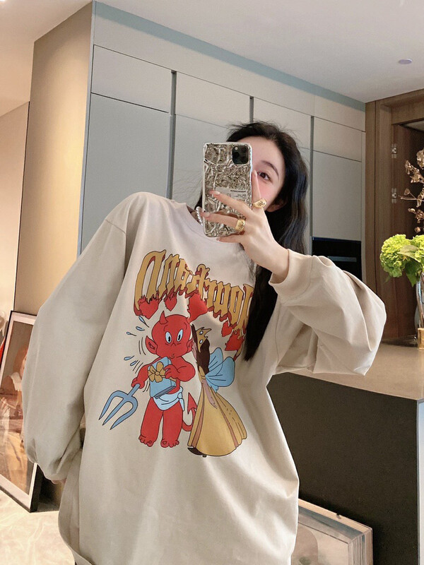 [NANCY] niche design spoof cute cartoon print hoodie early autumn new loose foreign style age reduction long sleeve T-shirt J9504 # WPL