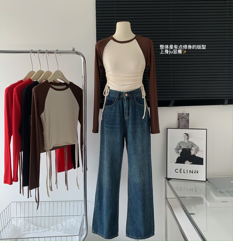 [Yi Kaoru] Design side pleated long-sleeved T-shirt 0366# HYY