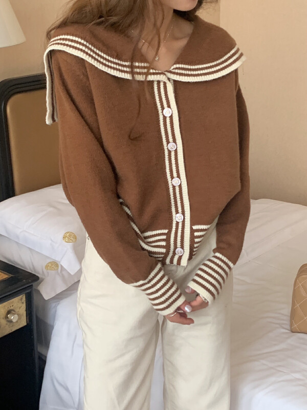 [LOVELY / SHMILY] Korean Academy Wind Navy collar Striped Cardigan Cardigan M0838