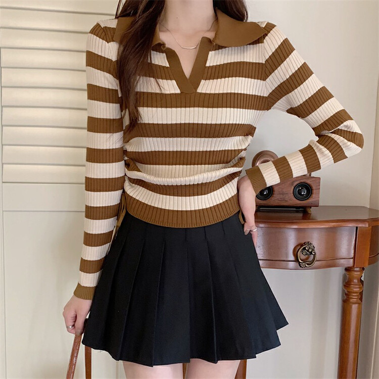 New in Autumn! [F·P] Design Polo Collar Striped Drawstring Sweater 83125-1# HBX
