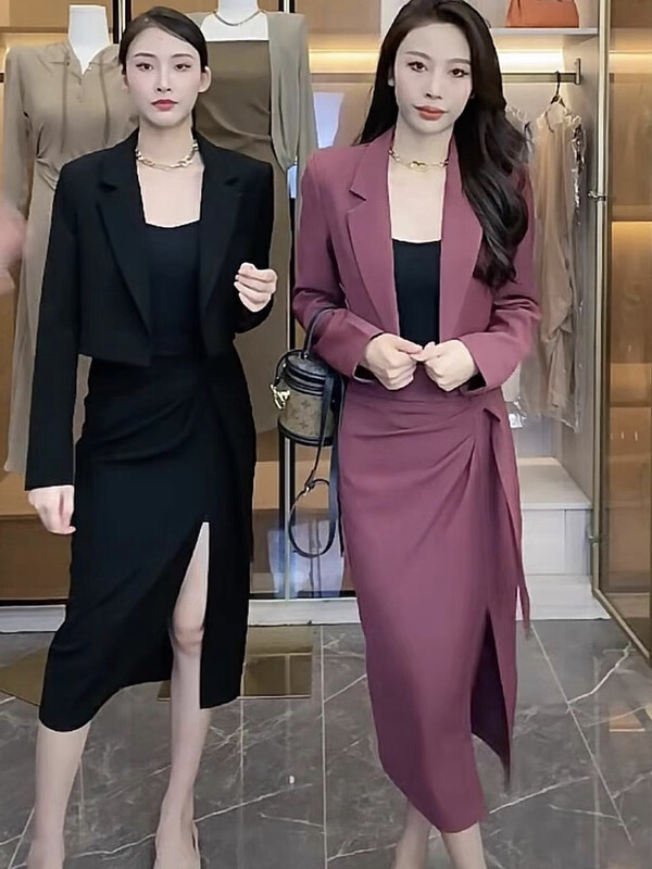 New in autumn! [Ou Zhengsha] High-quality short suit + pleated split fashion skirt suit 19096# JJ