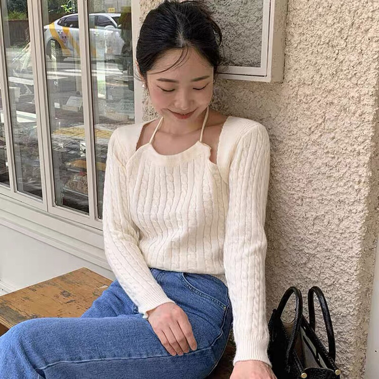 New in autumn! [Huaxi] Solid color fake two-piece halter neck short warm sweater 9790# PCZ