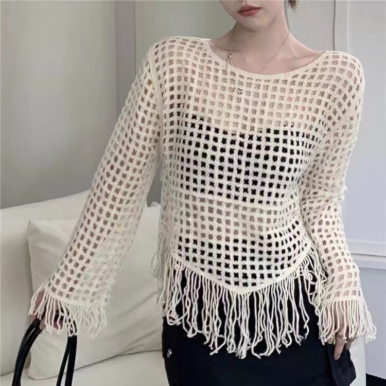 【F·P】Fashion Design Hollow Irregular Tassel Loose Knit Sweater 19050# HBX