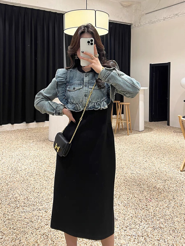 [Ou Zhengsha] temperament splicing cowboy flounces collect waist dress 19153 # JJ