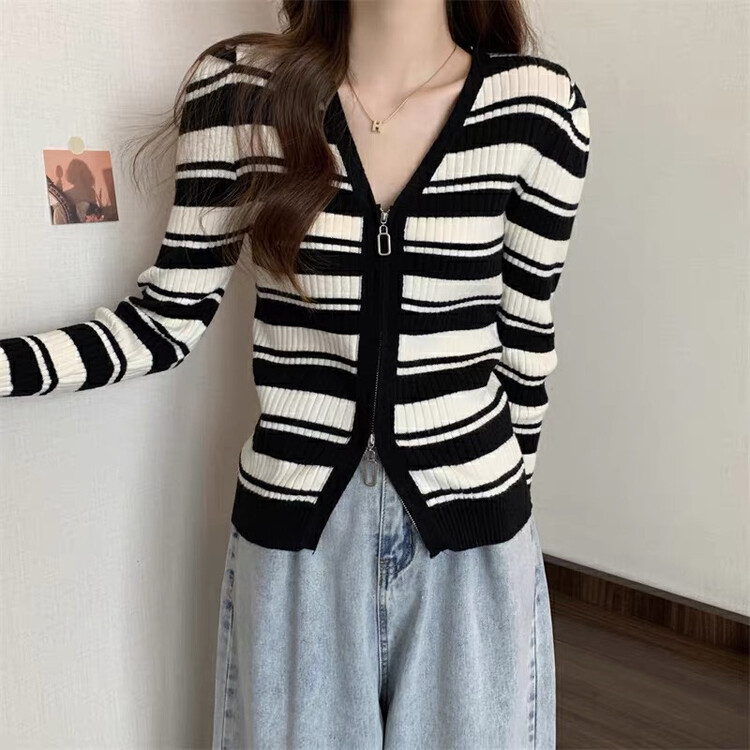 New in autumn! [F·P] zipper striped loose knitted cardigan A539# HBX