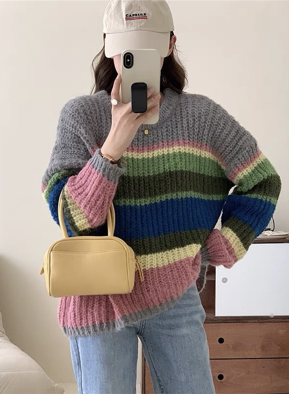 New in autumn!【F·P】Rainbow Striped Loose Warm Sweater 8012FP# HBX