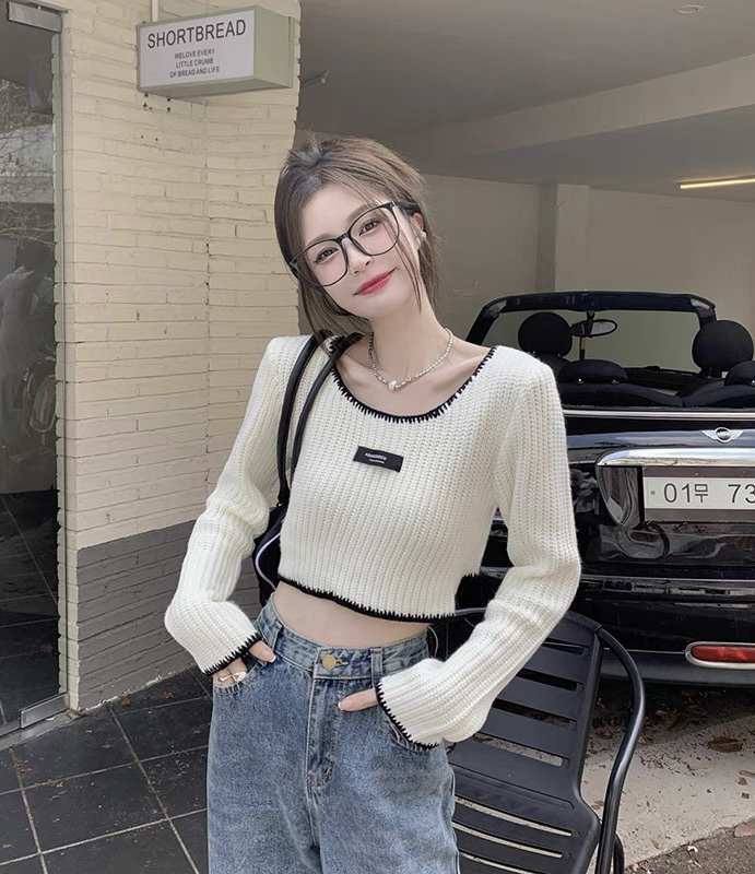 Autumn on the new![F · P] Pure desire square neck bump color edge back strap warm sweater 44152 # HBX