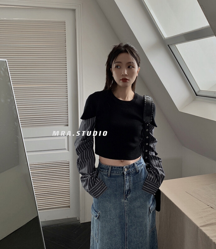 【MRA】Fashion trend stitching shirt off-shoulder fake two-piece knitted sweater T5106