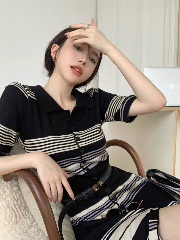 【F·P】French V-neck waist slim knitted dress 85126# HBX