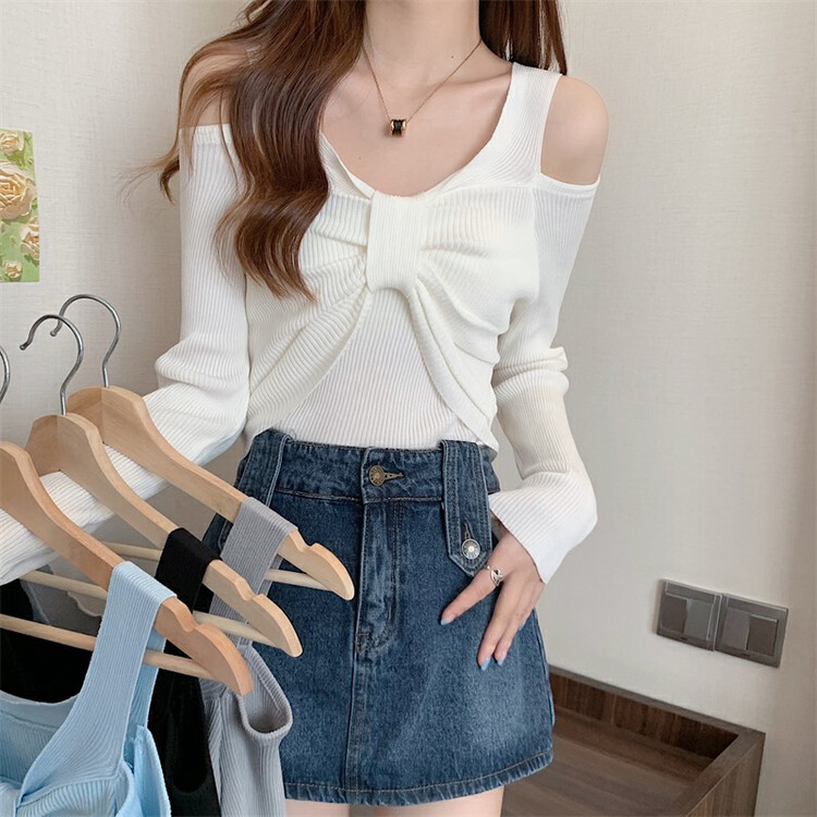 New in autumn! [F·P] Chic design V-neck bow off-shoulder knitted sweater 11222# HBX