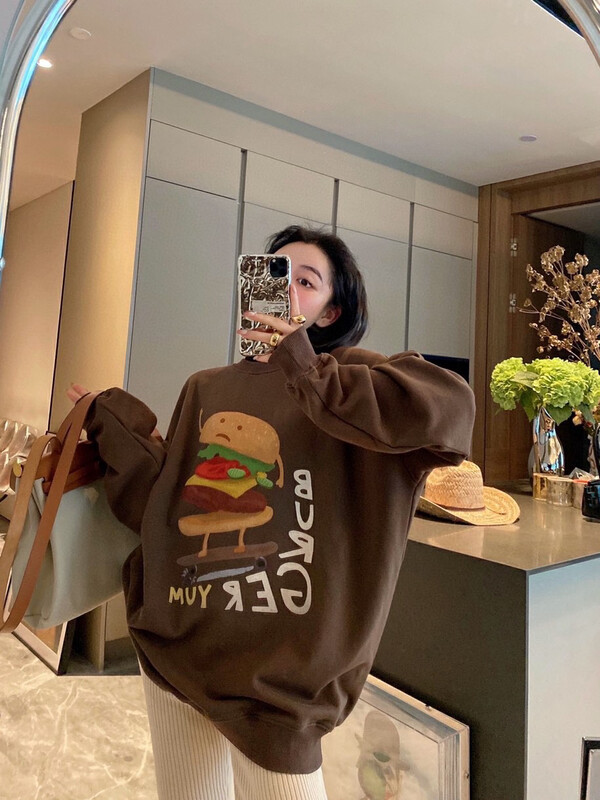 New in autumn! [NANCY] Niche design cartoon hamburger printed long-sleeved T-shirt J9521# WPL