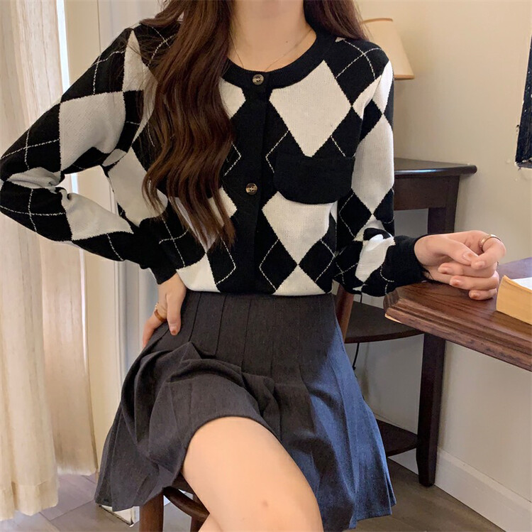 New in autumn!【F·P】Retro plaid loose knitted sweater 8422# HBX