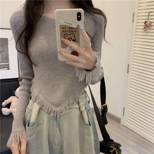  early autumn irregular tassel black long-sleeved sweater women's design T-shirt short top trend