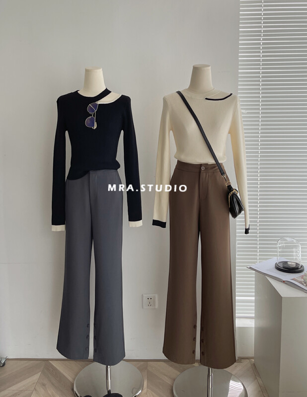 [MRA] Big-name simple slit trousers buttoned high waist trousers J2381