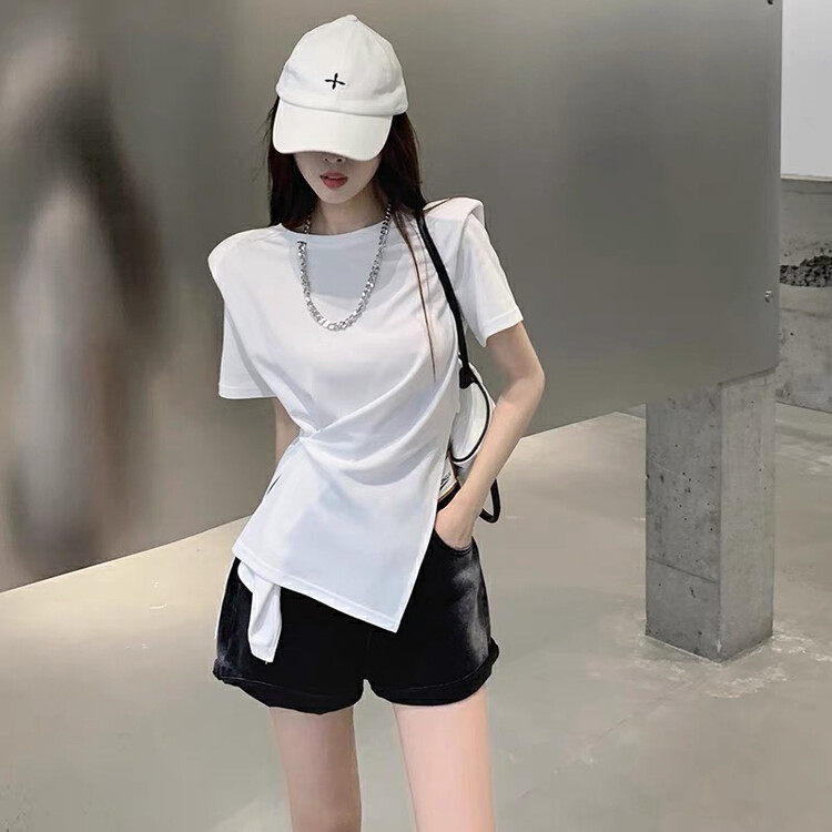 Original price 66.55! [Ou Zhengsha] Korean casual solid color round neck irregular hem short-sleeved T-shirt (with tie) 18705B# JJ