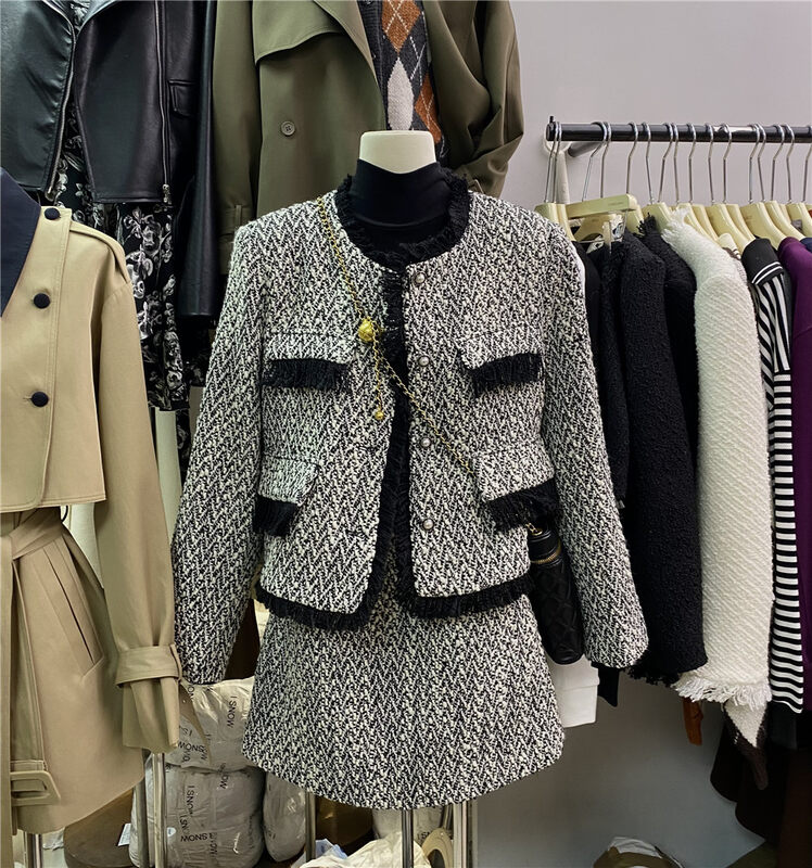 [F.THREE Three Sisters] Retro Contrast Color Fur Edge Small Fragrance Jacket + High Waist Skirt Suit 87557# XJ