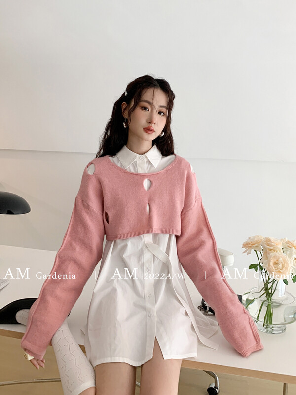 Autumn is new!【AM GARDENIA】Korean Short Hollow Knit + Shirt Dress Suit 1255# ZXX