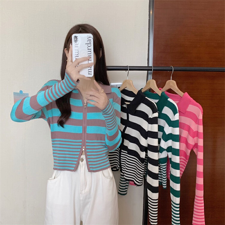 New in early autumn! [F·P] Striped zipper retro knitted cardigan 5907# HBX