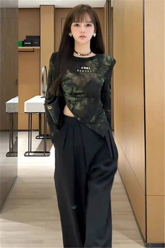 Autumn on the new![Huaxi] tie-dye shoulder cushion hem irregular small shirt + wide leg comfortable casual pants suit (excluding a necklace) 9842 # PCZ