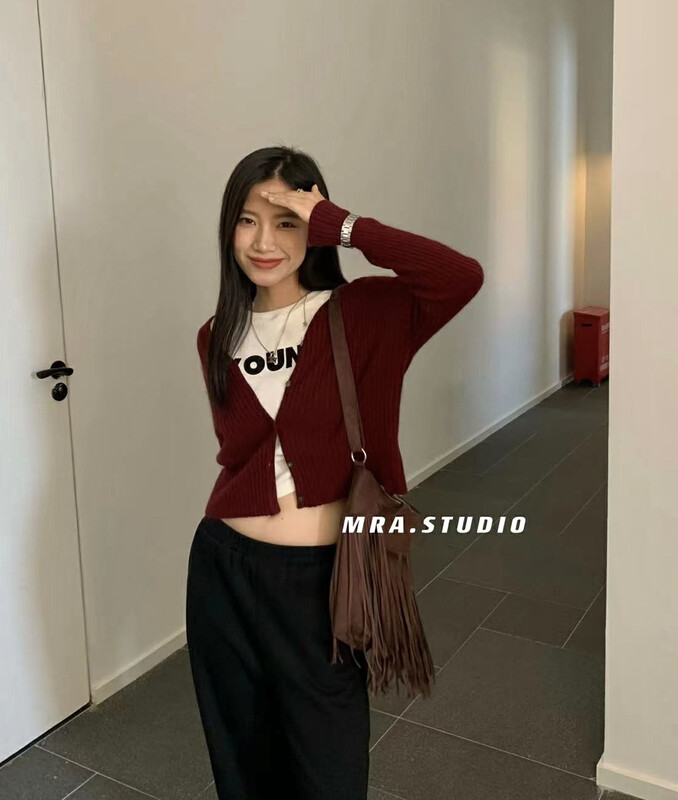 [MRA] Simple Commuting V collar Thin raccoon hair Cardigan M1926