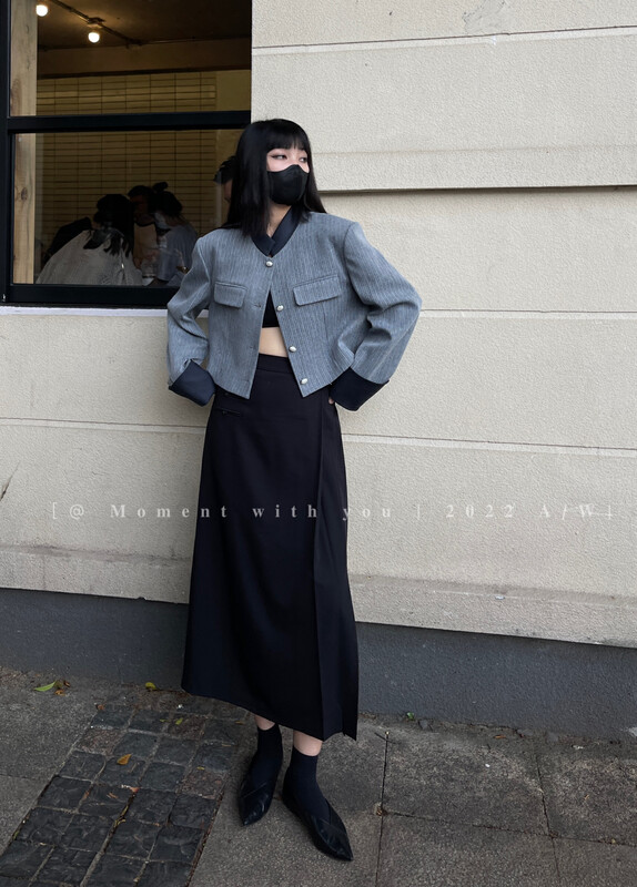 New in early autumn!【MOMENT WITH YOU】Temperament contrast color stand-up collar textured short coat Q0083# LSW