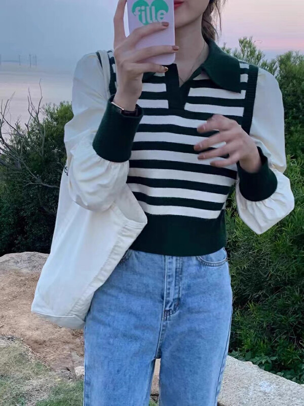 【F·P】Korean Polo Collar Striped Chiffon Fake Two-Piece Knit Sweater 29037# HBX