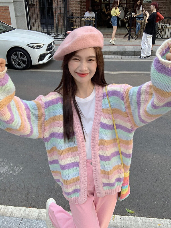 New in early autumn!【F·P】Gentle rainbow striped warm sweater ZH008FP# HBX