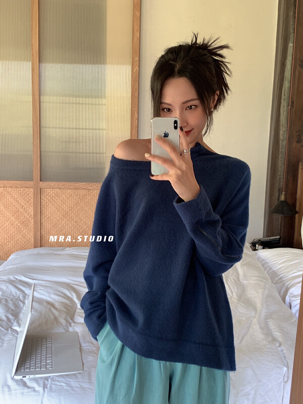[MRA] Designed sleeve zipper can open shoulder net version sweater SP13