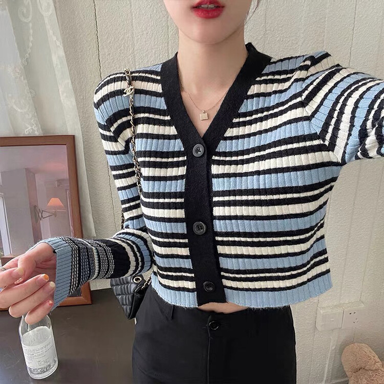 New in autumn!【F·P】Fashion casual V-neck contrast color striped knitted cardigan M3706# HBX