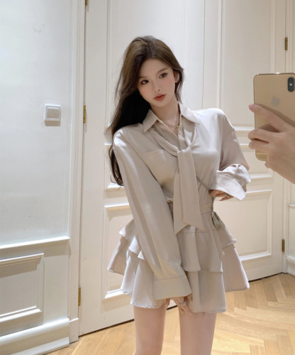 Real price real shot Korean feminine two color texture ribbon temperament collect waist long-sleeved shirt dress