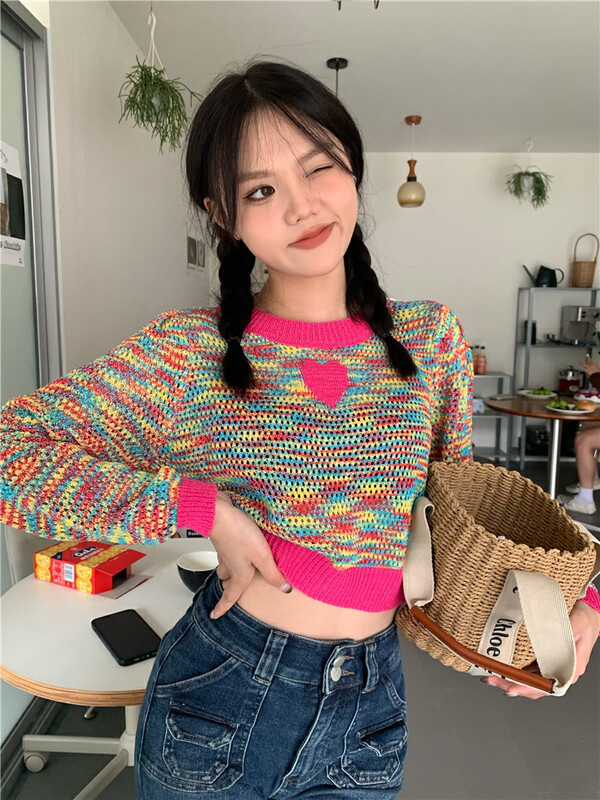Autumn on the new![F · P] Age reduction girl round collar love embroidered sweater 0673 # HBX
