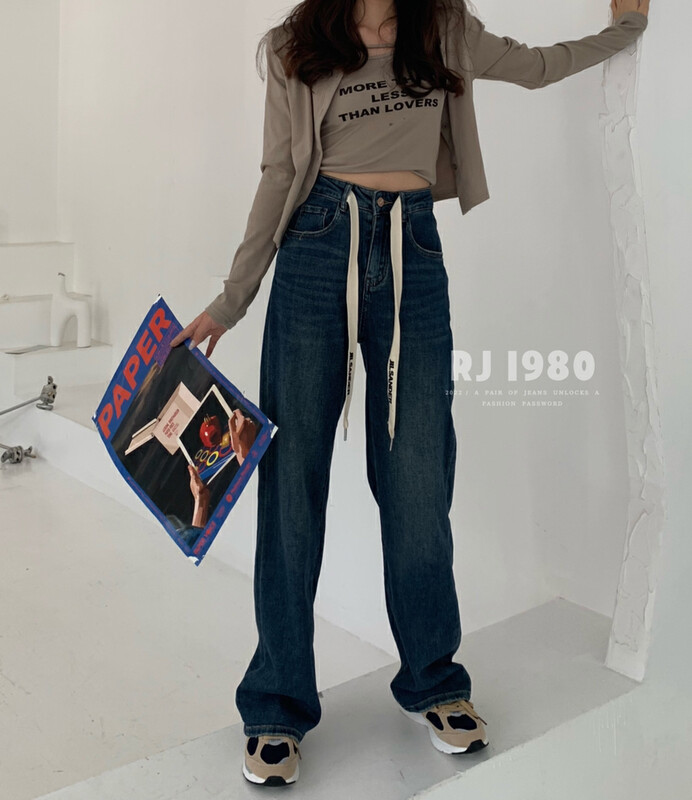 [1980] Autumn New Popular Vintage Style Comfortable Versatile Straight Floor Pants Jeans (with Waist Rope) 2A65371