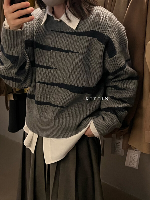[KITTIN] Korean striped round neck Warm Sweater 1530 # FHX