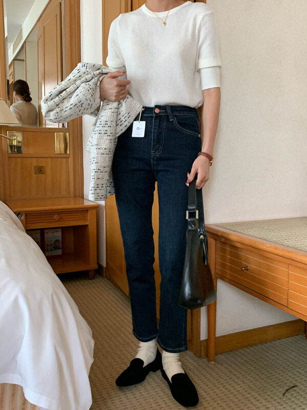 Autumn on the new![MEET ME] Casual simple stretch nine cent cigarette pipe jeans 61318 # L
