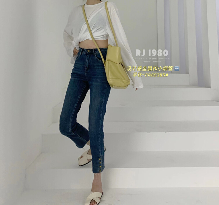 [1980] Early autumn on the new Korean trouser leg special slit design slim small straight tube jeans 2A65305