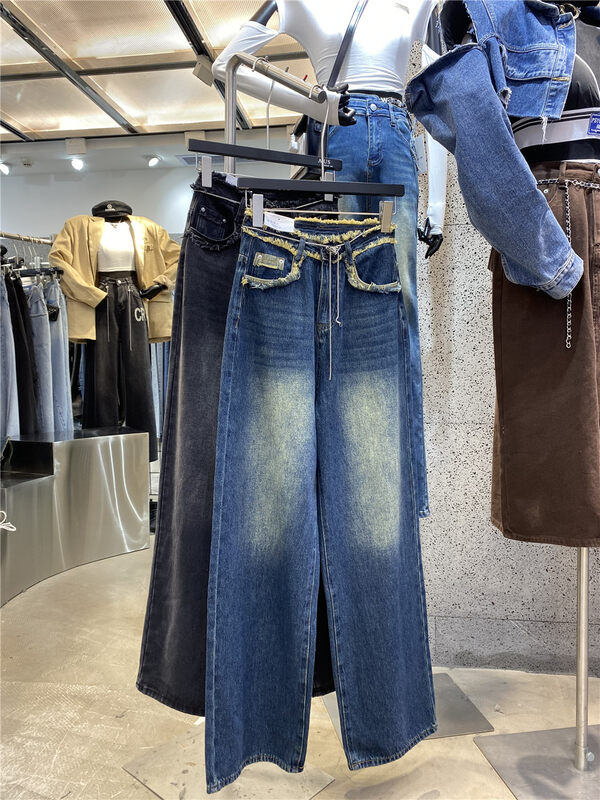 Autumn on the new![AUS] High-waist wool trim gradient floor mop jeans (with waist chain) G605A # LSW