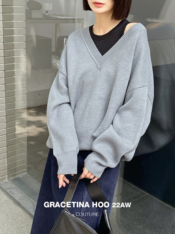 [GRACETINA HOO] Simple joker show thin V-neck sweater lazy and loose custom metal logo Z952