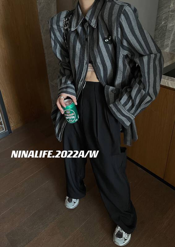 Autumn on the new![NINA LIFE] Stripe Loose Biker Shirt 6297 # ZXL