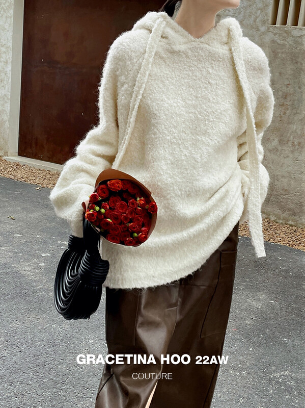 [GRACETINA HOO] Slouchy loose hooded drawstring knitted sweater warm and skin friendly wool loop pile Z948