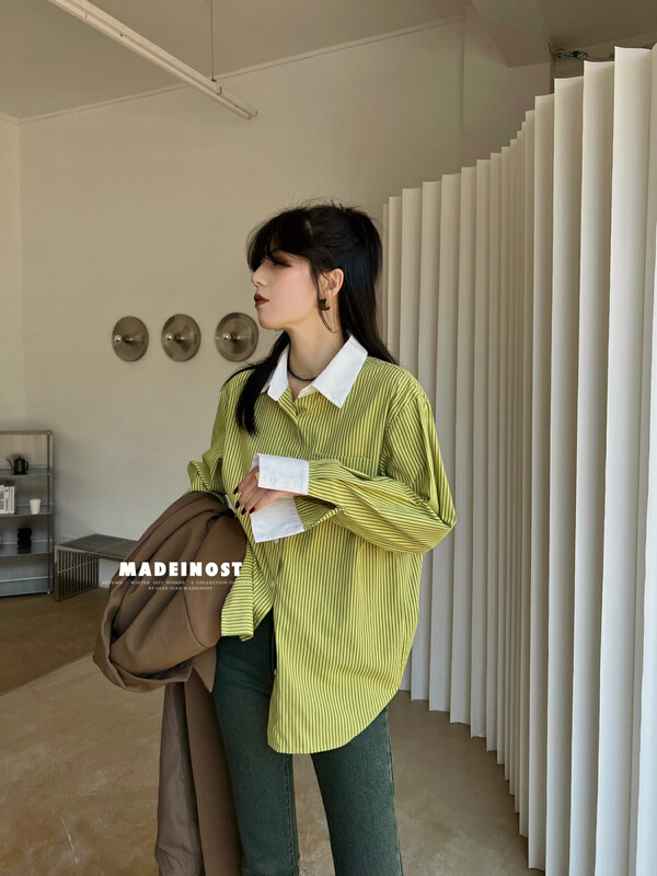 [Ousha MADEINOST] New style high-class color contrast collar loose stripe shirt in autumn 87187