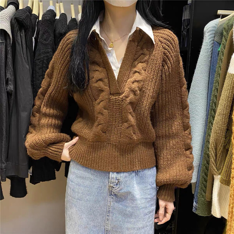 Autumn on the new![MI] Korean shirt collar stitching twist fake two warm sweaters 1696 # PCZ