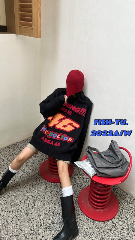 [FISH YU] American Retro 46 Letter Multi Color jacquard Loose Sweater 22628
