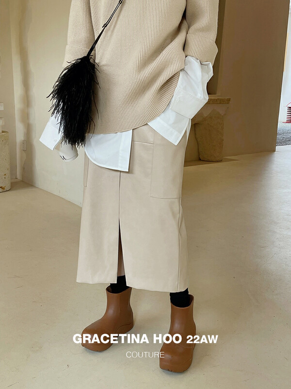 [GRACETINA HOO] Niche high waist double slit medium long PU skirt import imitation small sheepskin large pocket BQ6290