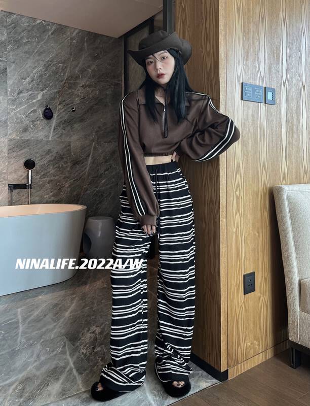 New autumn style! [NINA LIFE] Elastic waist loose stripe casual pants 6316 # ZXL