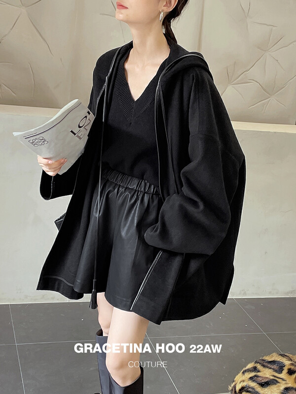 [GRACETINA HOO] Double-sided custom tassel lazy loose silhouette coat (custom PU leather bag edge) WT3131 # CQW